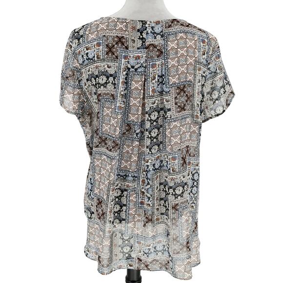 J Jill Top Womens Large Ivory Blue Sheer Blouse Back Pleats Whimsy Boho Chic - Picture 2 of 12